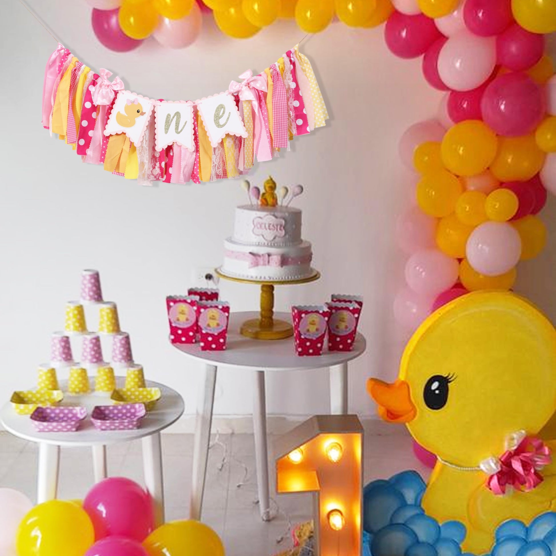 Duck High Chair Banner - Pink Rubber Duck 1st Birthday Party Decoration, Ducky Birthday Party Baby Shower