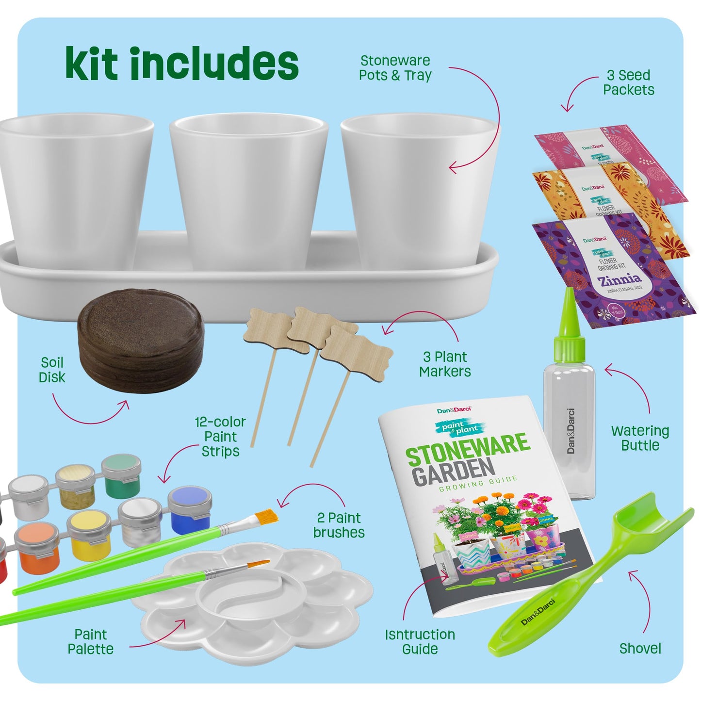 Paint & Plant Flower Garden Kit for Kids - Stoneware Pots, Seeds, Paint Set
