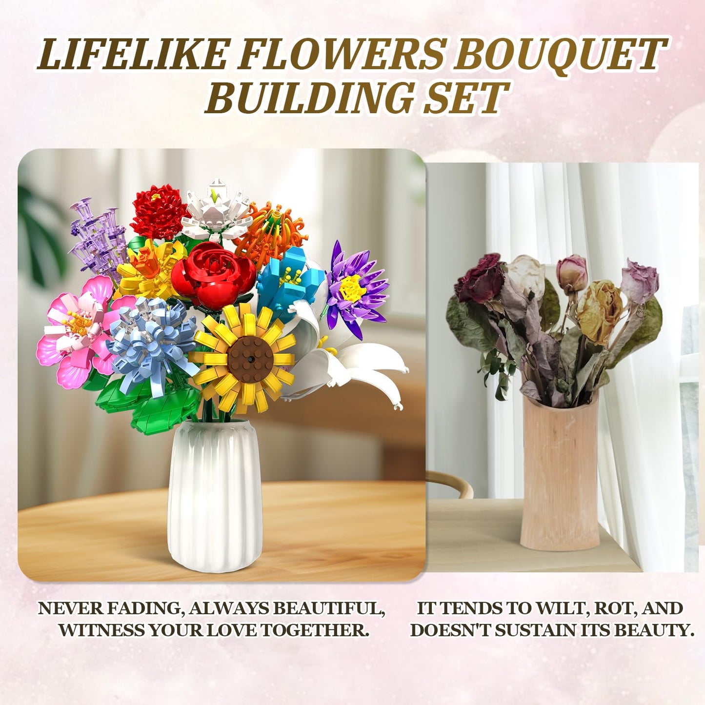 Rasout Flowers Bouquet Building Set - 12 Kinds of Flowers Botanical Collection and Decorative Home for Mother's Day, Birthdays, Gifts Ideal for 6+