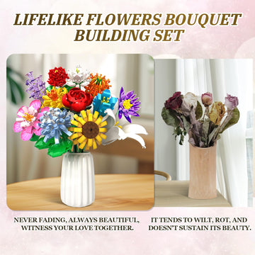 Rasout Flowers Bouquet Building Set - 12 Kinds of Flowers Botanical Collection and Decorative Home for Mother's Day, Birthdays, Gifts Ideal for 6+