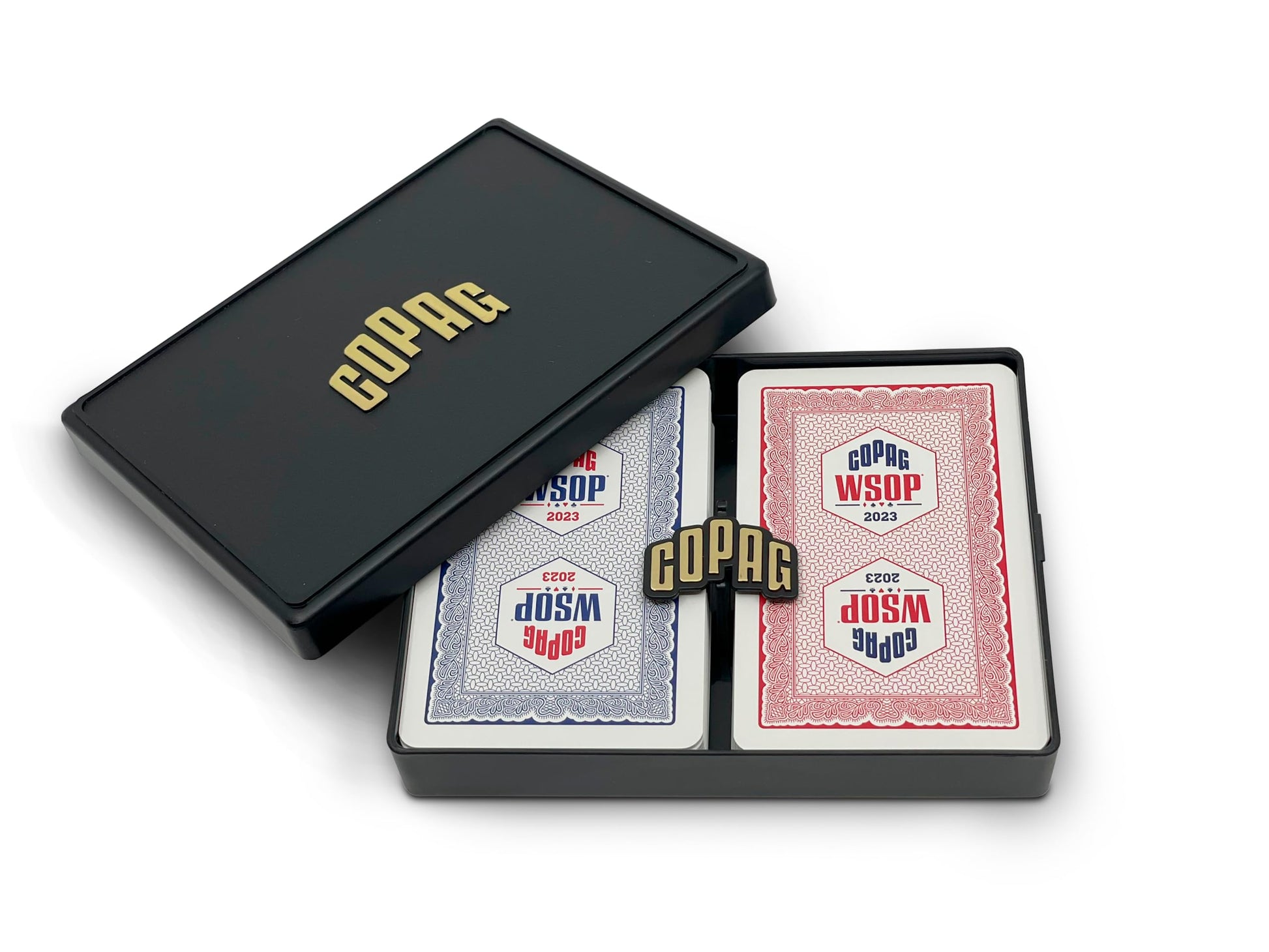 Copag 2023 WSOP World Series of Poker 100% Plastic Playing Cards, Bridge Size (Narrow) Red/Blue Double Deck Set (Regular Index)
