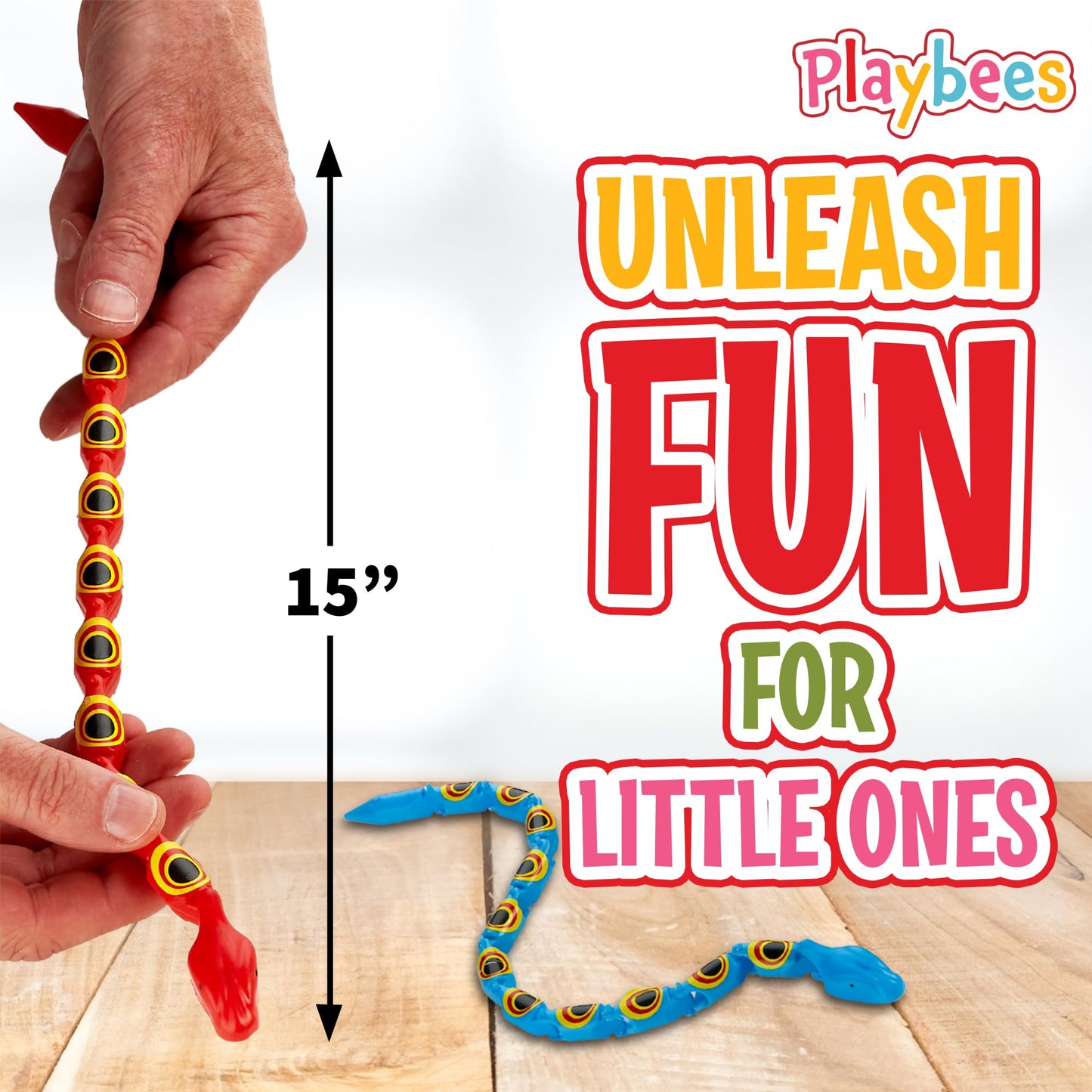 Playbees Wiggly Jointed Snakes - Pack of 24 - Wacky Fun and Educational Plastic Toys for Kids Learning, Carnival Prize, Party Favor Fidget Toy
