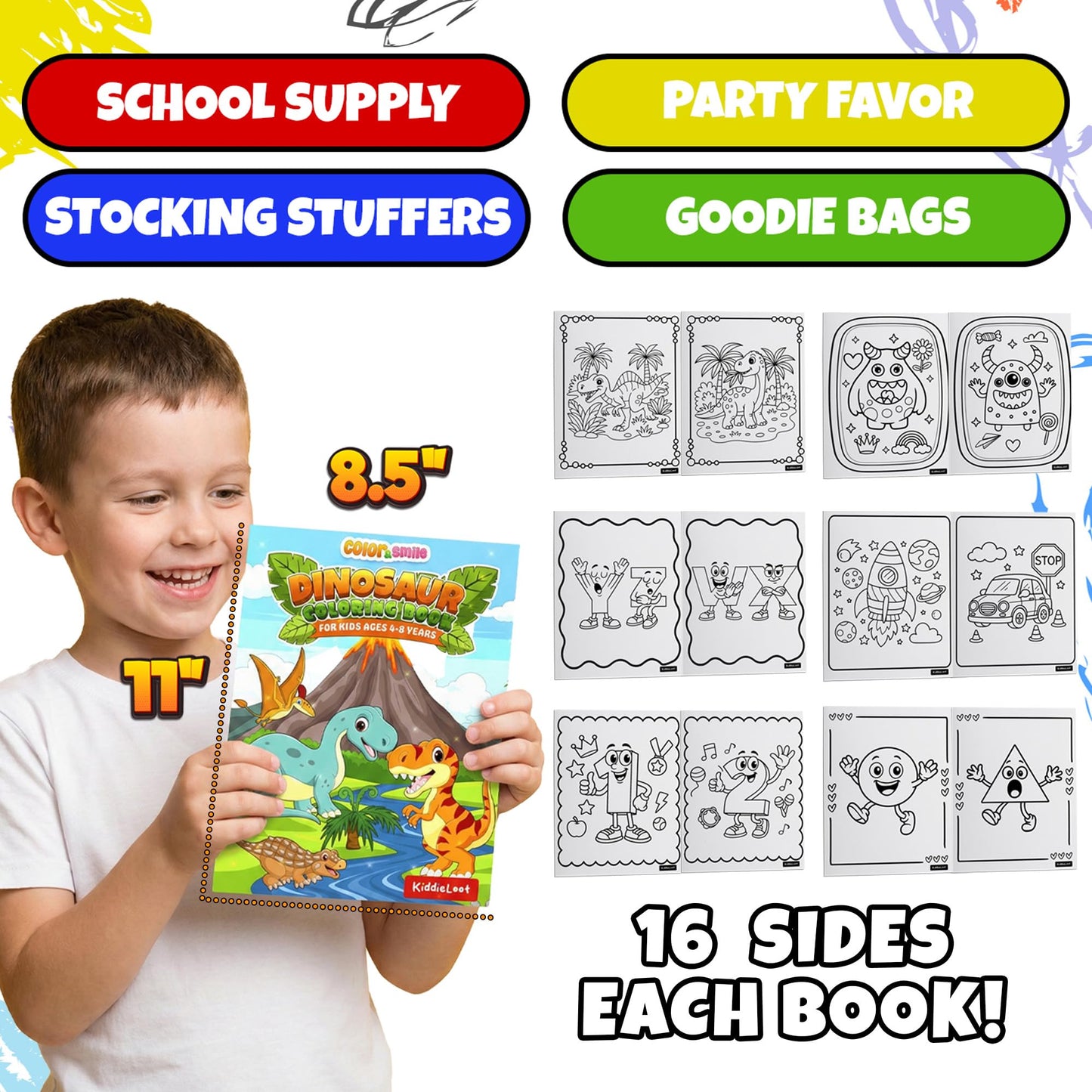 KiddieLoot Coloring Books for Kids Ages 4-8 - (Pack of 12) 8.5x11 Size Book w/Dinosaurs, Monsters, Vehicles, Alphabet, Numbers & Shapes - Kids