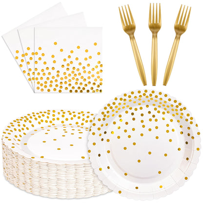 90 Pcs White and Gold Plates and Napkins Party Supplies, Scalloped Gold Polka Dots Tableware Set Include White Gold Dot Cake Dessert Plates, Napkin