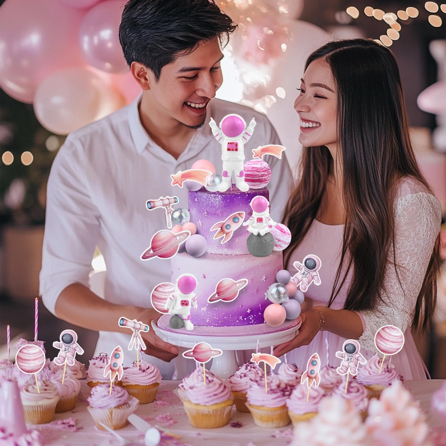 27 PCS Pink Space Cake Toppers Astronaut Figurines Outer Space Astronaut Planet and Rocket DIY Cake Topper for Birthday Party Baby Shower Supplies