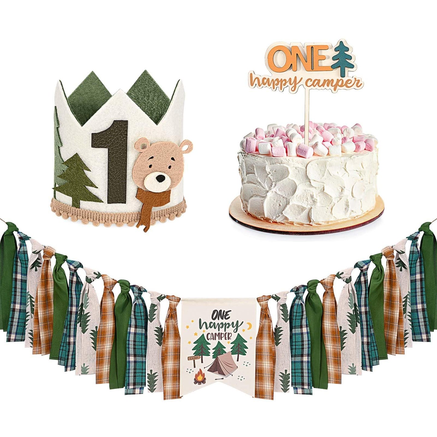 One Happy Camper Highchair Banner Adventure Camping Theme 1st Birthday Banner Crown Cake Topper Highchair Photo Prop for Camp Birthday Party