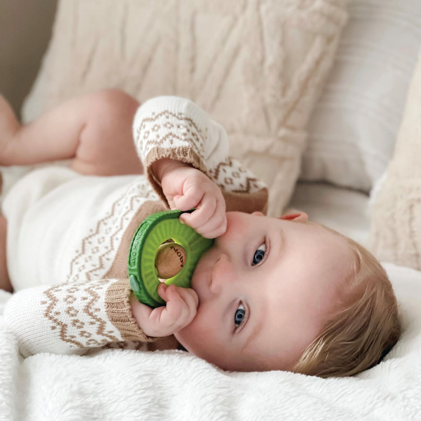 Nuby 100% Silicone and Wood Baby Teether - Avocado-Shaped Teething Toy - Soft Textured Gum Massager - Easy-Grip Infant Teether Toy - 3+ Months