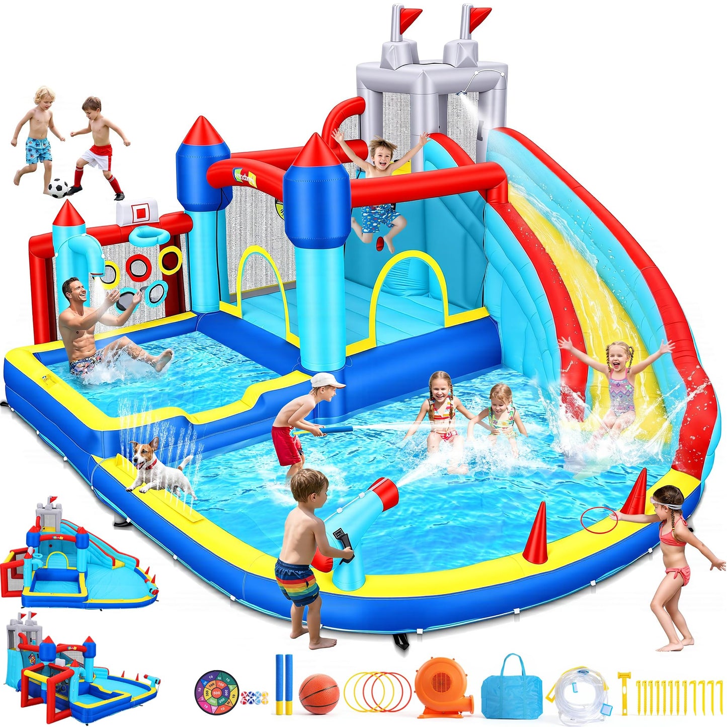 13-in-1 Water Slide Bounce House for Kids Backyard, 15x14.3x8.5FT Sport Waterpark with Deep Pool/Shower Head/Ball Holes/Soccer Goal/Basketball
