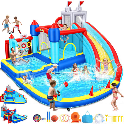 13-in-1 Water Slide Bounce House for Kids Backyard, 15x14.3x8.5FT Sport Waterpark with Deep Pool/Shower Head/Ball Holes/Soccer Goal/Basketball