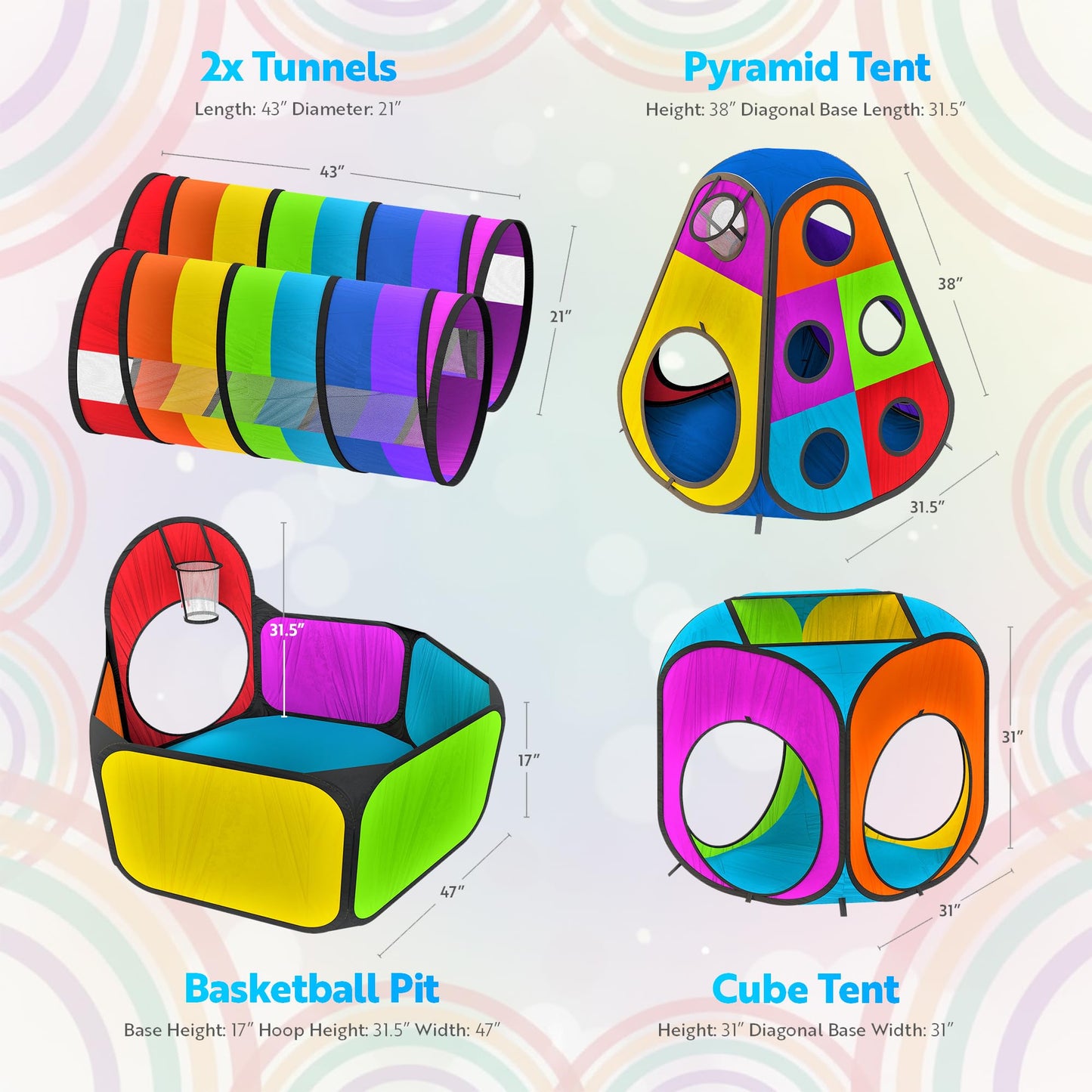 Playz 5pc Pop Up Play Tent and Crawl Through Tunnels for Kids w/Carry Bag