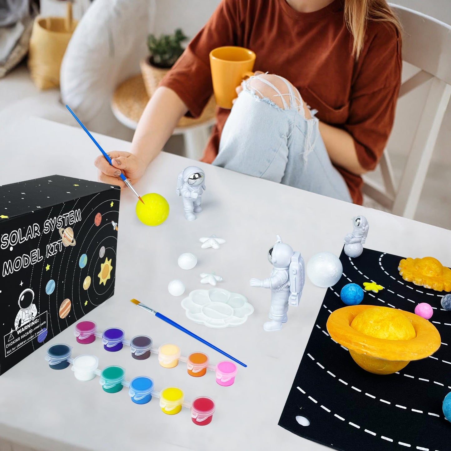 35PCS Solar System Model Kit Foam Ball Kit Includes Color Pigments Palette Spheres Balls Brushes Felt Background Plate Instruction Manual Astronaut