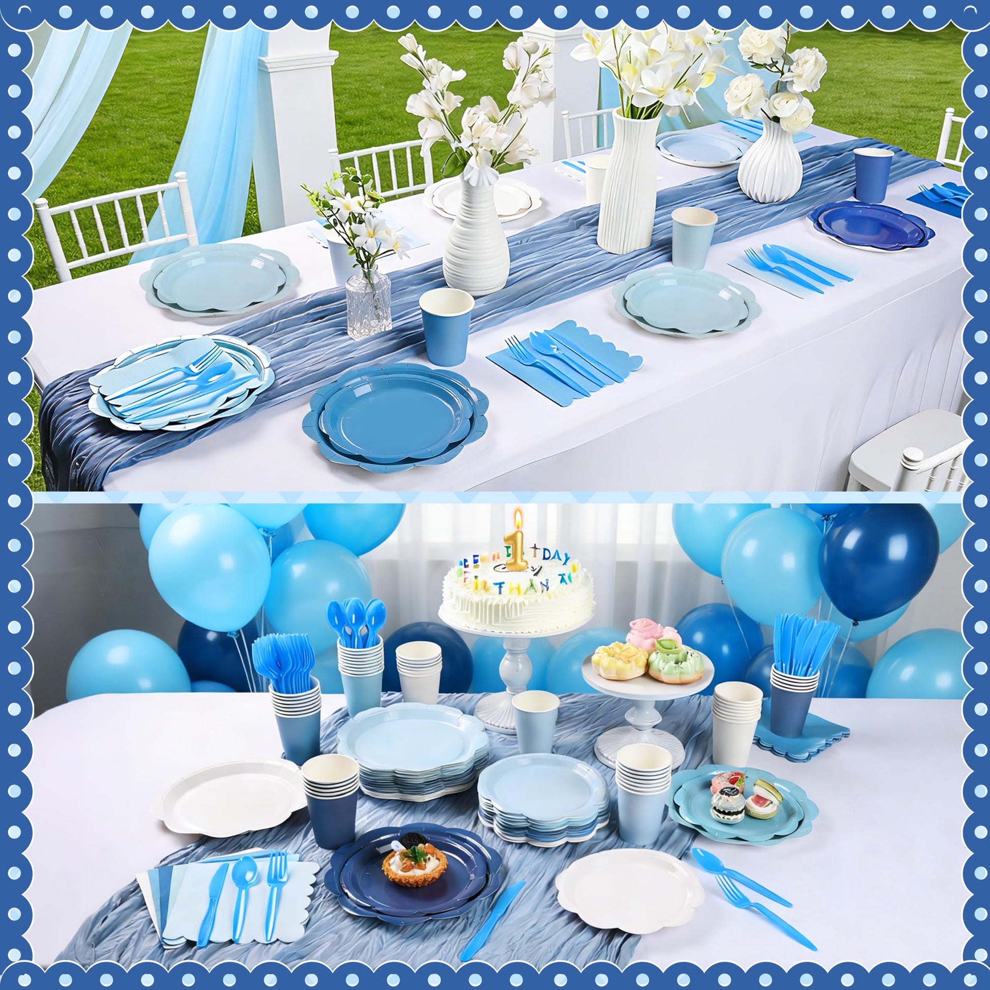 ZUQMZUQ 350 Pcs Blue Party Supplies Set - Blue Paper Plates and Napkins Set Include Gradient Blue Scalloped Paper Plate Napkin Cup Spoon Fork Knife