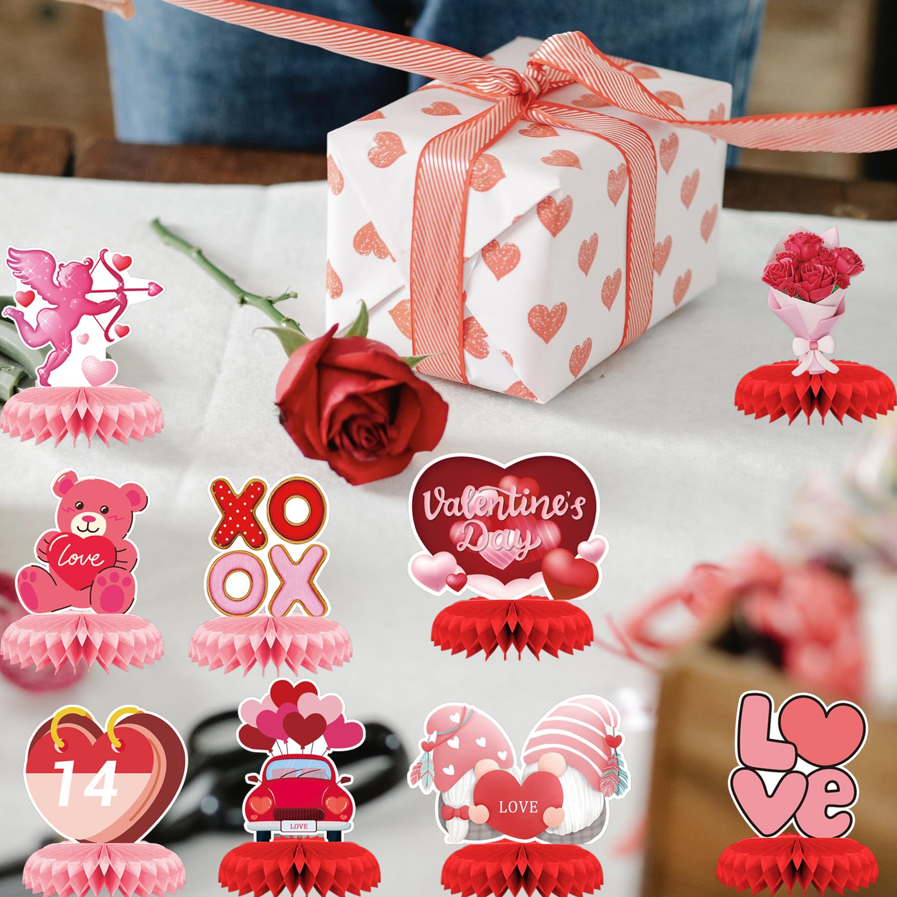 9 Pcs Valentines Day Decorations Honeycomb Centerpiece, Pink Valentines Table Decorations Valentines Table Centerpiece for Valentines Day Party