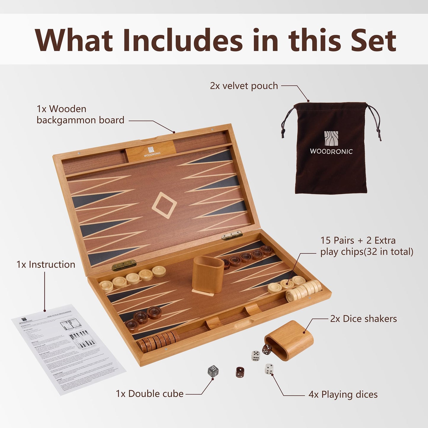Wood Backgammon Set for Adults - 17 Inch Classic Strategy Board Game Case - Premium Folding Backgammon Set with Wooden Playing Pieces, Dices