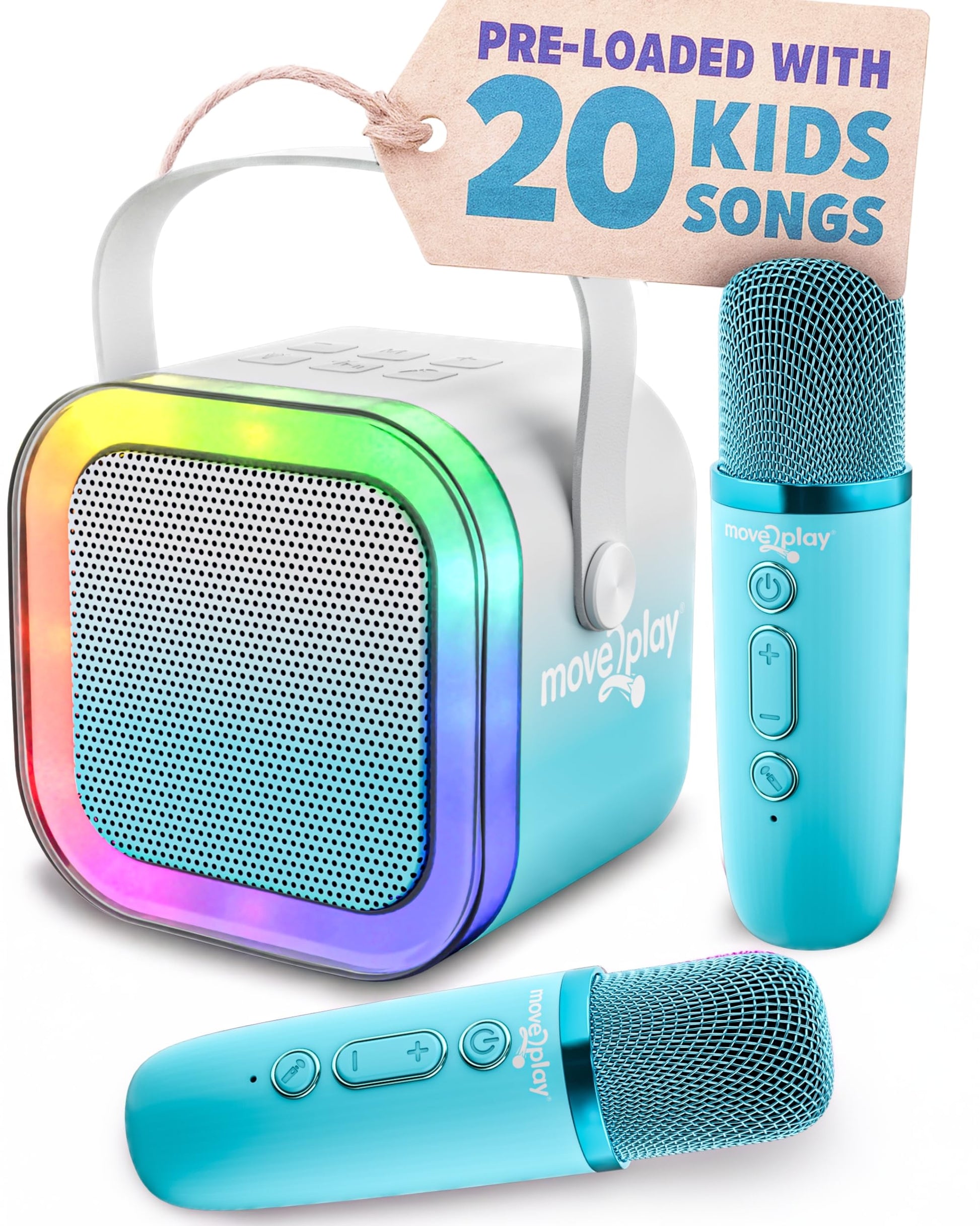 Move2Play, Karaoke Machine for Kids | Includes 20+ Kid Songs | 2 Microphones | Connect with Bluetooth | 3, 4, 5, 6, 7+ Year Old Gift | Toy for Girls