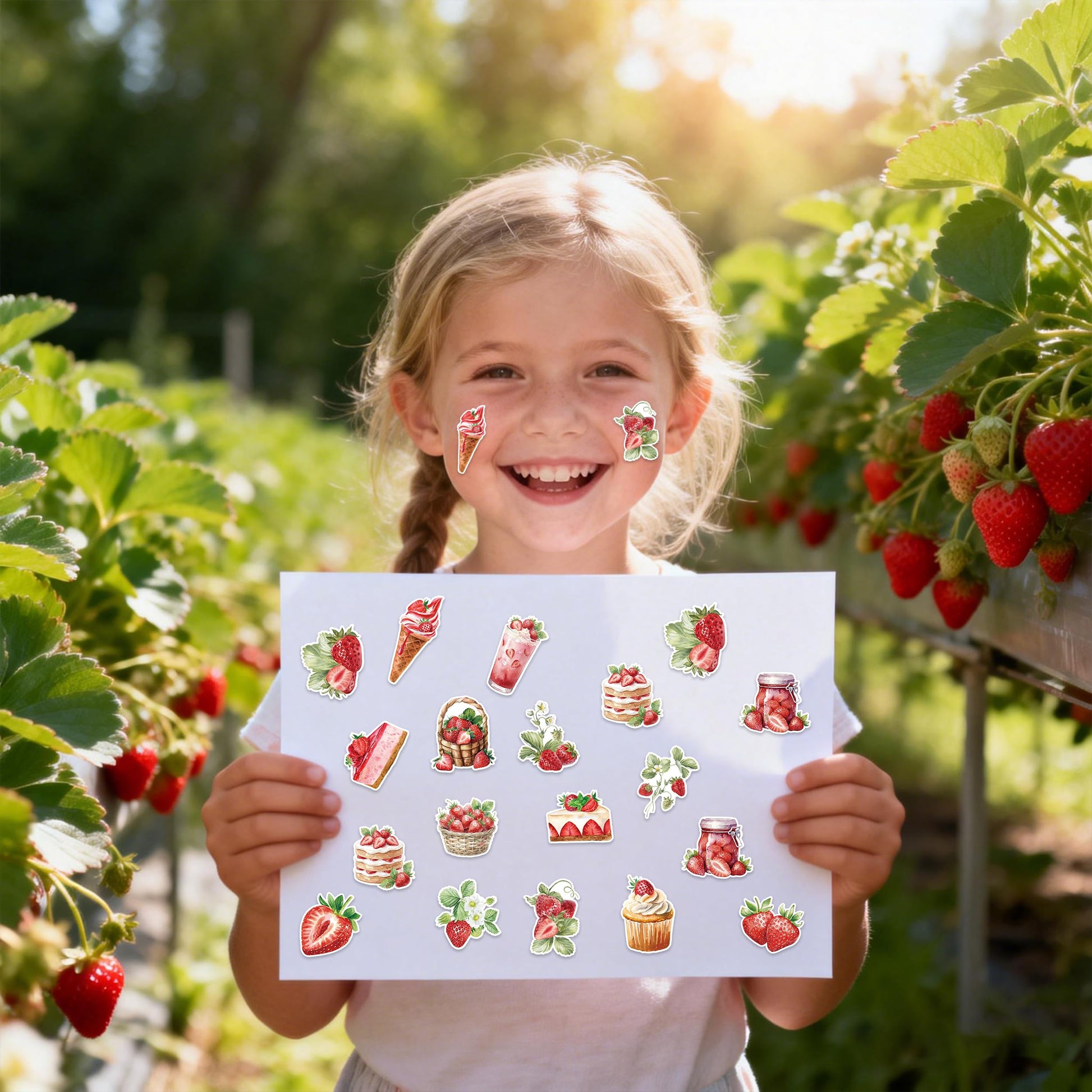 Summer Strawberry Roll Sticker for Kids- 1000Pcs Strawberry Decals in 2 Rolls, Summer Fruits Ice Cream Cake Drink Dessert Vinyl Stickers for Birthday
