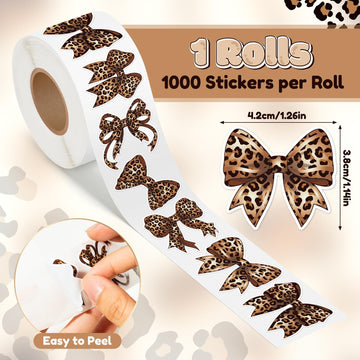DSjuedui Trendy Cheetah Bow Roll Stickers - 1000Pcs Y2K Brown Watercolor Leopard Print Bow Vinyl Stickers, Cheetah Bowknot Waterproof Decals