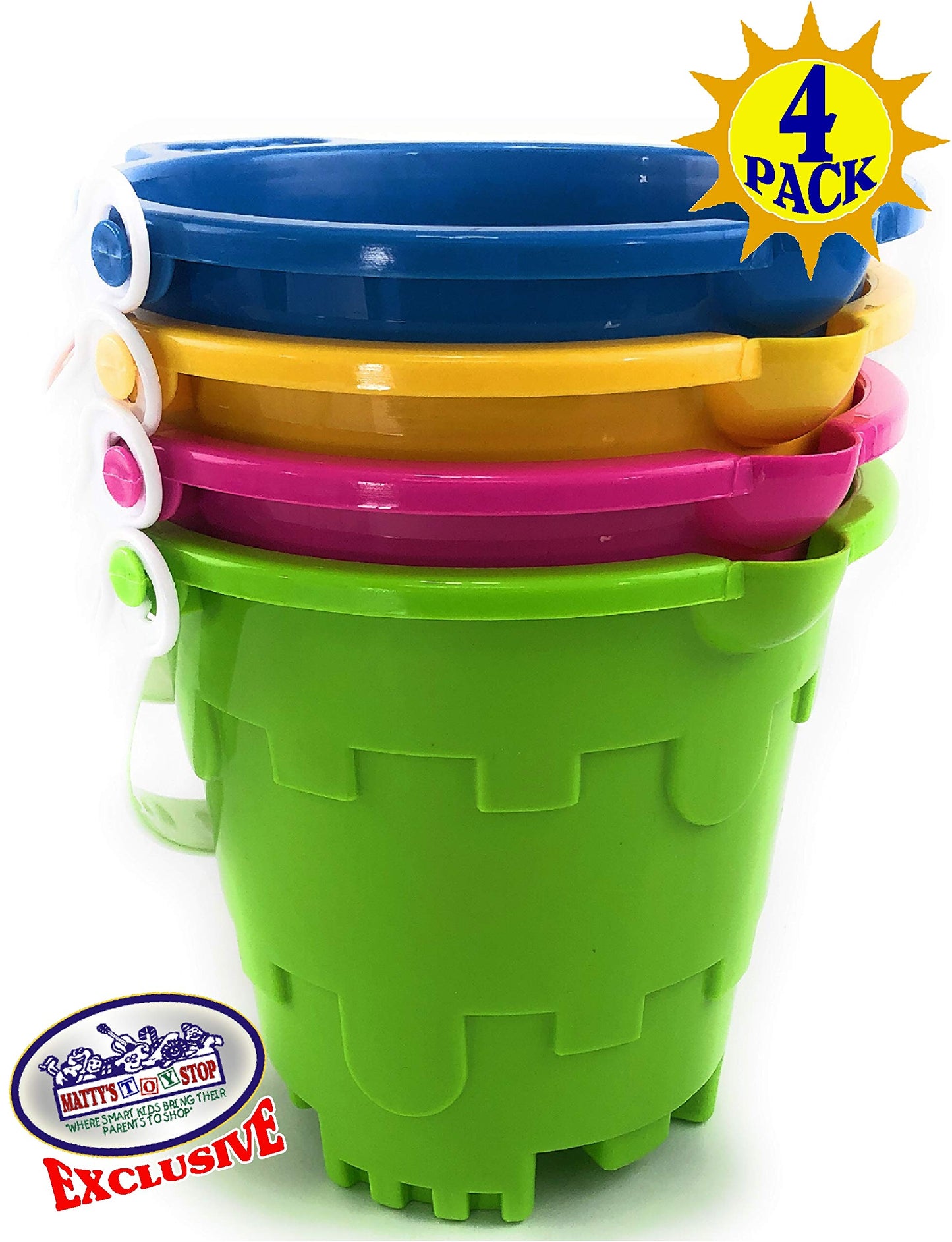 Matty's Toy Stop Beach Gear 7" Plastic Castle Mold Sand Buckets (Pails) with Easy Pour Spout and Handle Blue, Pink, Green & Yellow Party Set Bundle
