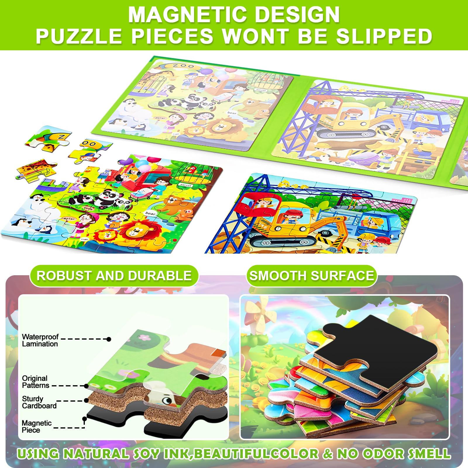 Magnetic Puzzles for Kids Ages 4-8, 3 in 1 Cartoon Jigsaw Puzzle Book, Toddlers Travel Puzzles Toys, Preschool Learning Toy for Children 3-8 Year