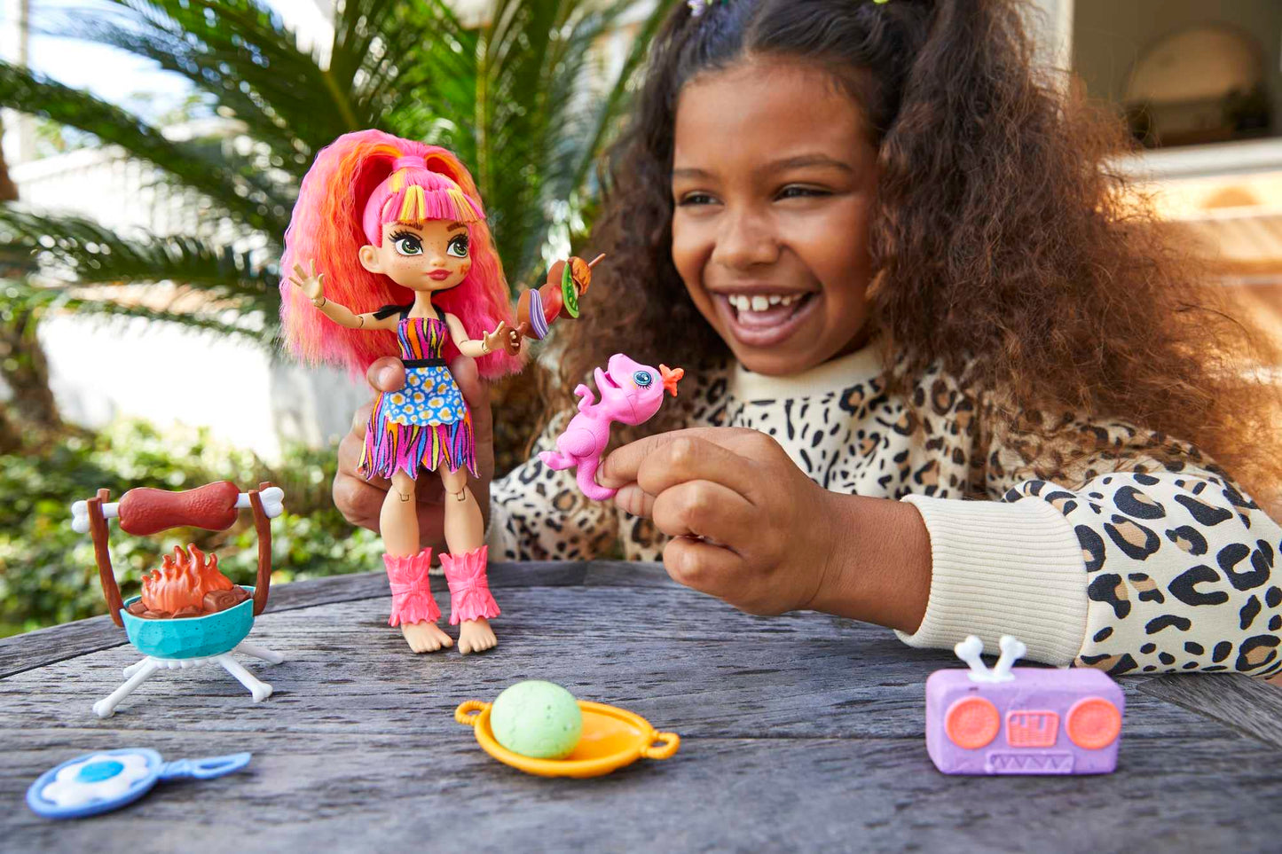 Mattel Cave Club Blazin' BBQ Adventure Playset with Emberly Doll (8 - 10-inch, Pink Hair), Dinosaur Pet and Storytelling Accessories with Cooking