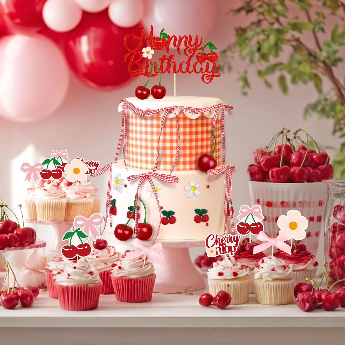 65PCS Cherry Bow Cake Decorations Set Happy Birthday Cherry Cake Topper and Cupcake Bows Decorations for Baby Shower Bridal Shower Graduation Party