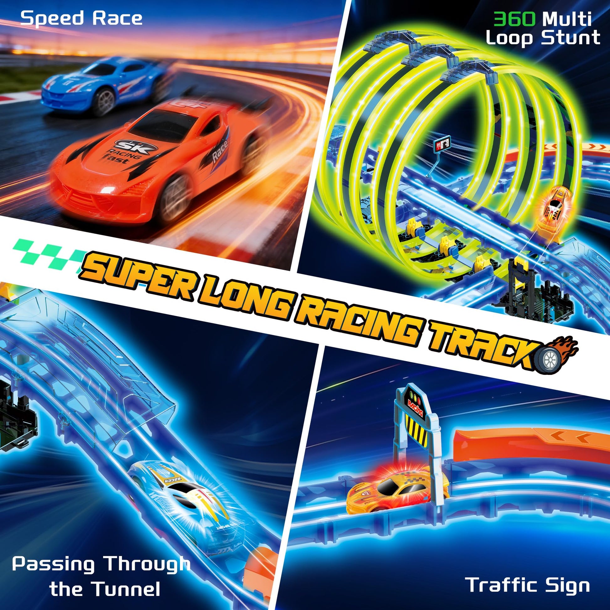 Glow Toy Car Race Track Set, 71 Pcs Glow-in-The-Dark Tracks for Kids Ages 3-8, Electric Speed Car Light-Up Whole Slot Track, Track-Building with 360°