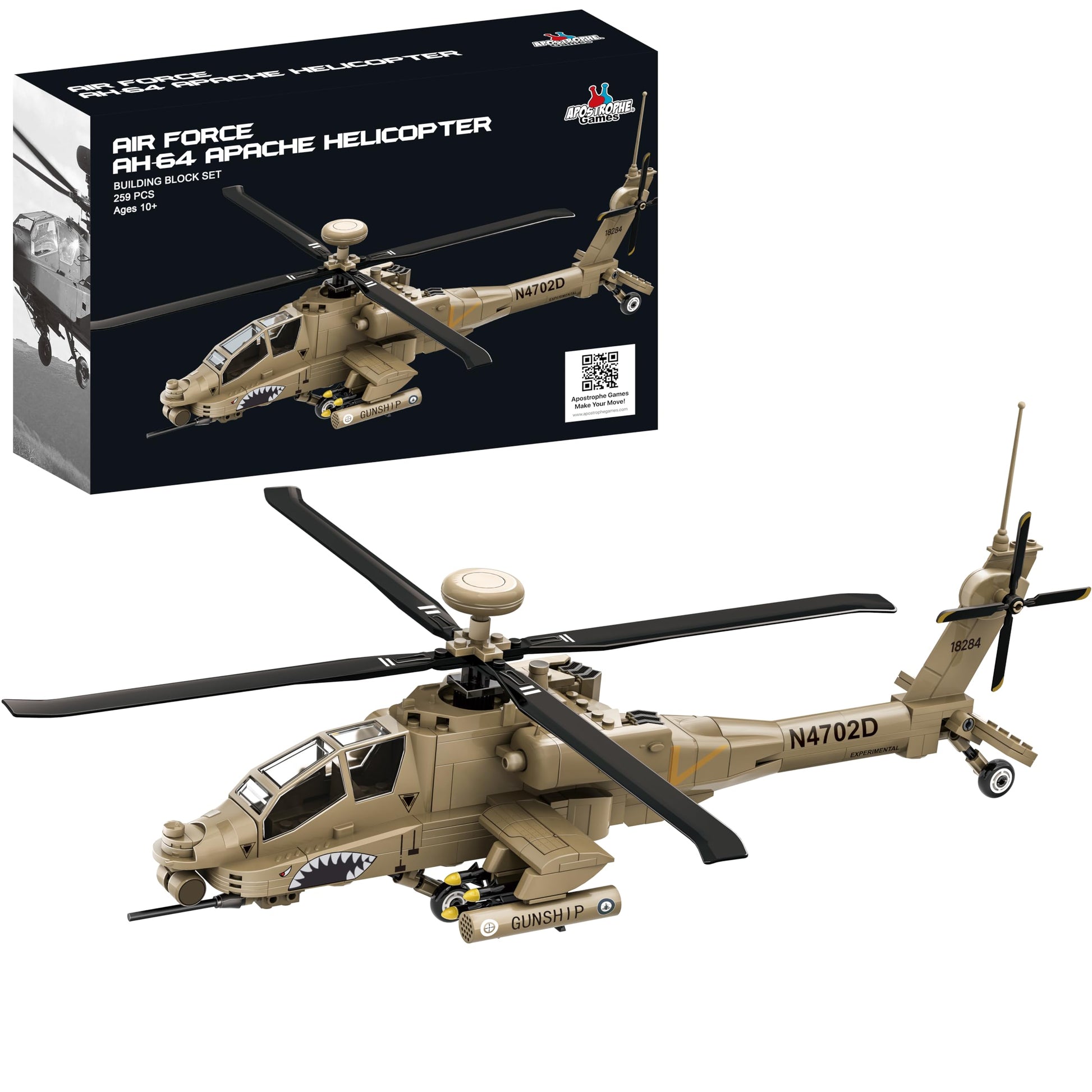 Apostrophe Games AH-64 Apache Helicopter Building Block Set - 259 Pieces - Air Force Plane, Ages 10+