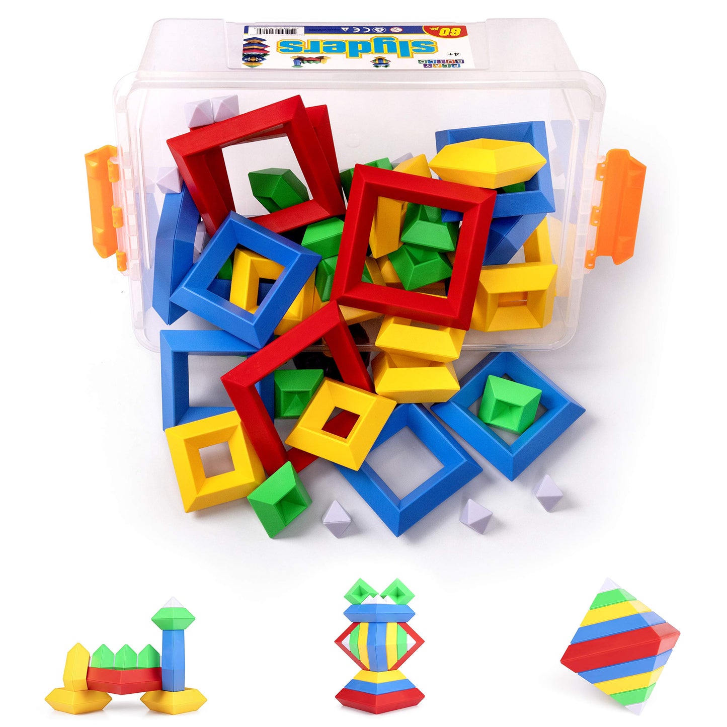 Play Build Slyder Set: 60 Pieces 3D Pyramid Building Blocks, Geometric Stacking Toys for Kids Ages 4+ - Creative Early Childhood STEM Educational Toys