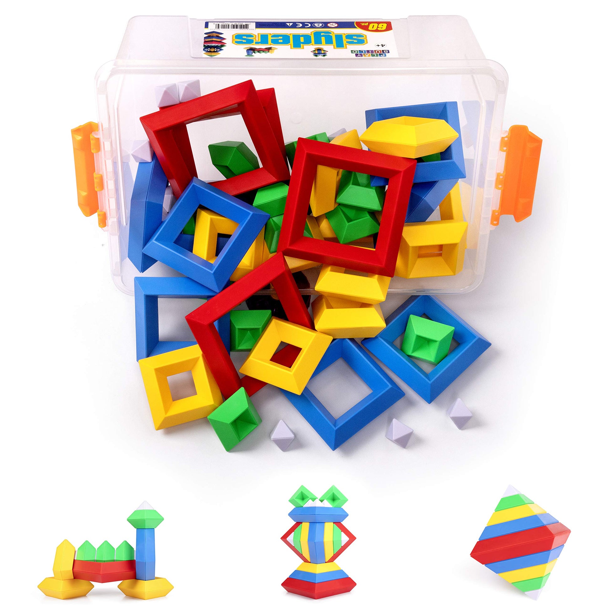 Play Build Slyder Set: 60 Pieces 3D Pyramid Building Blocks, Geometric Stacking Toys for Kids Ages 4+ - Creative Early Childhood STEM Educational Toys