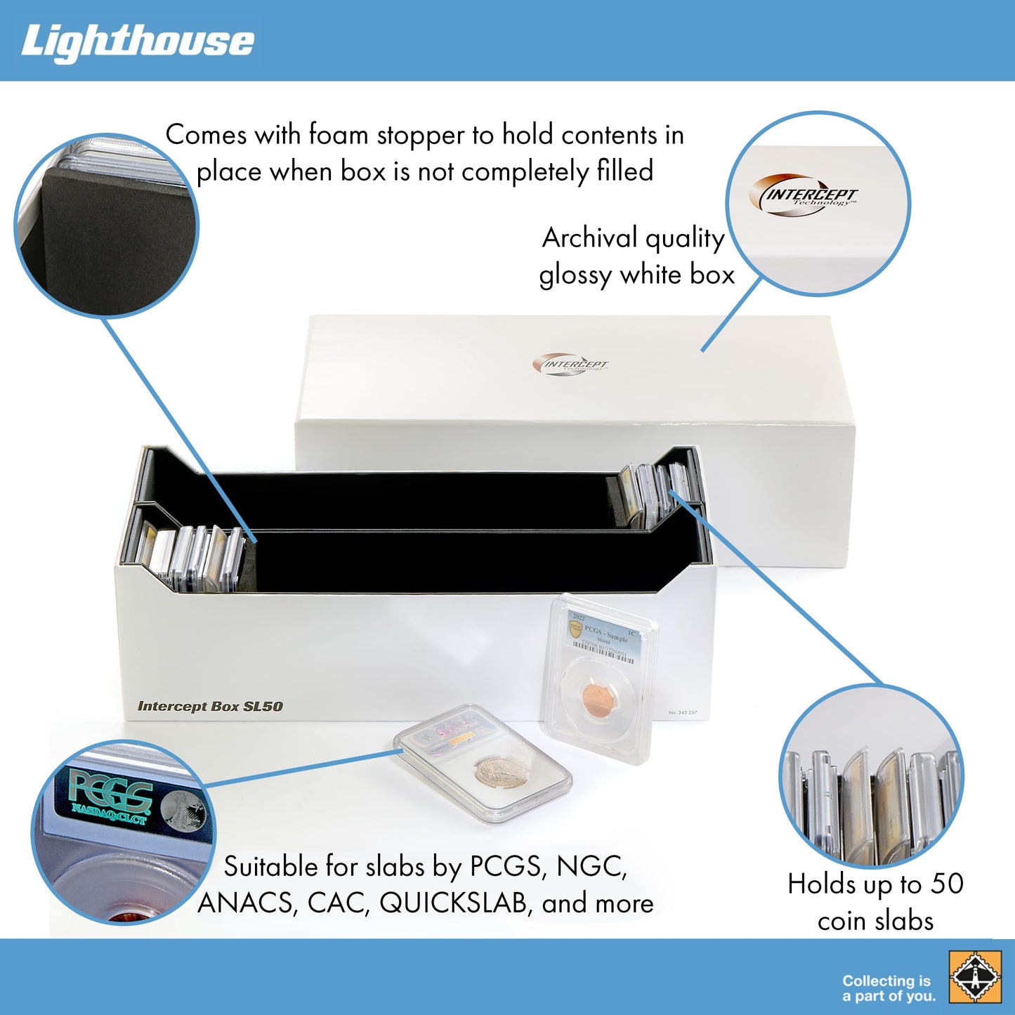 LIGHTHOUSE - Storage Box SL 50 for 50 Coin Slabs Including PCGS, NGC, ANACS with INTERCEPT TECHNOLOGY Corrosion Protection (12 5/8" x 6" x 3 7/8")