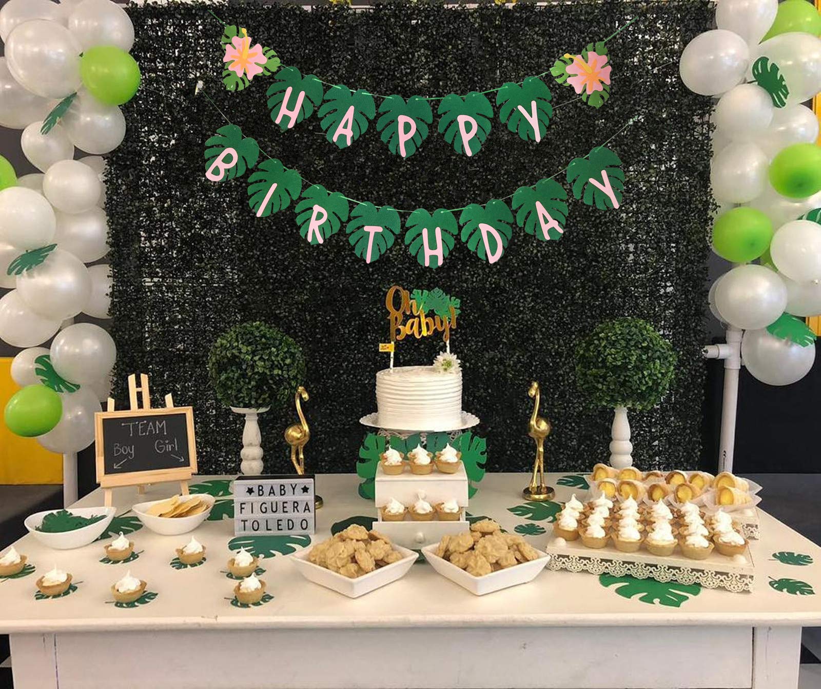 OU RUI Hawaiian Party Happy Birthday Banner for Tropical Luau Party Palm Leaf Decorations