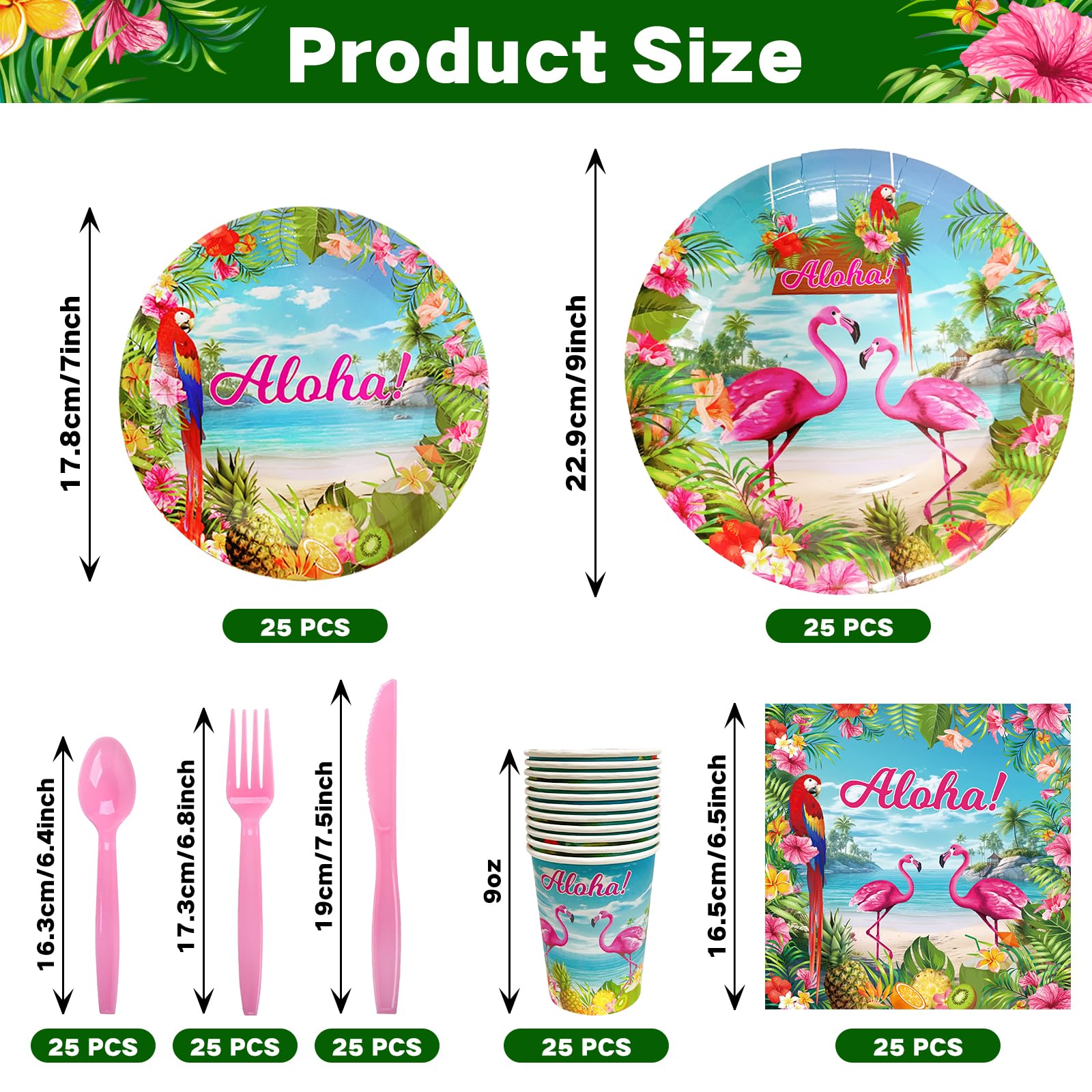 175 Pcs Aloha Tropical Flamingo Party Supplies Set - Serves 25, Hawaiian Luau Disposable Tableware, Includes Plates, Cups, Napkins, Forks, Spoons