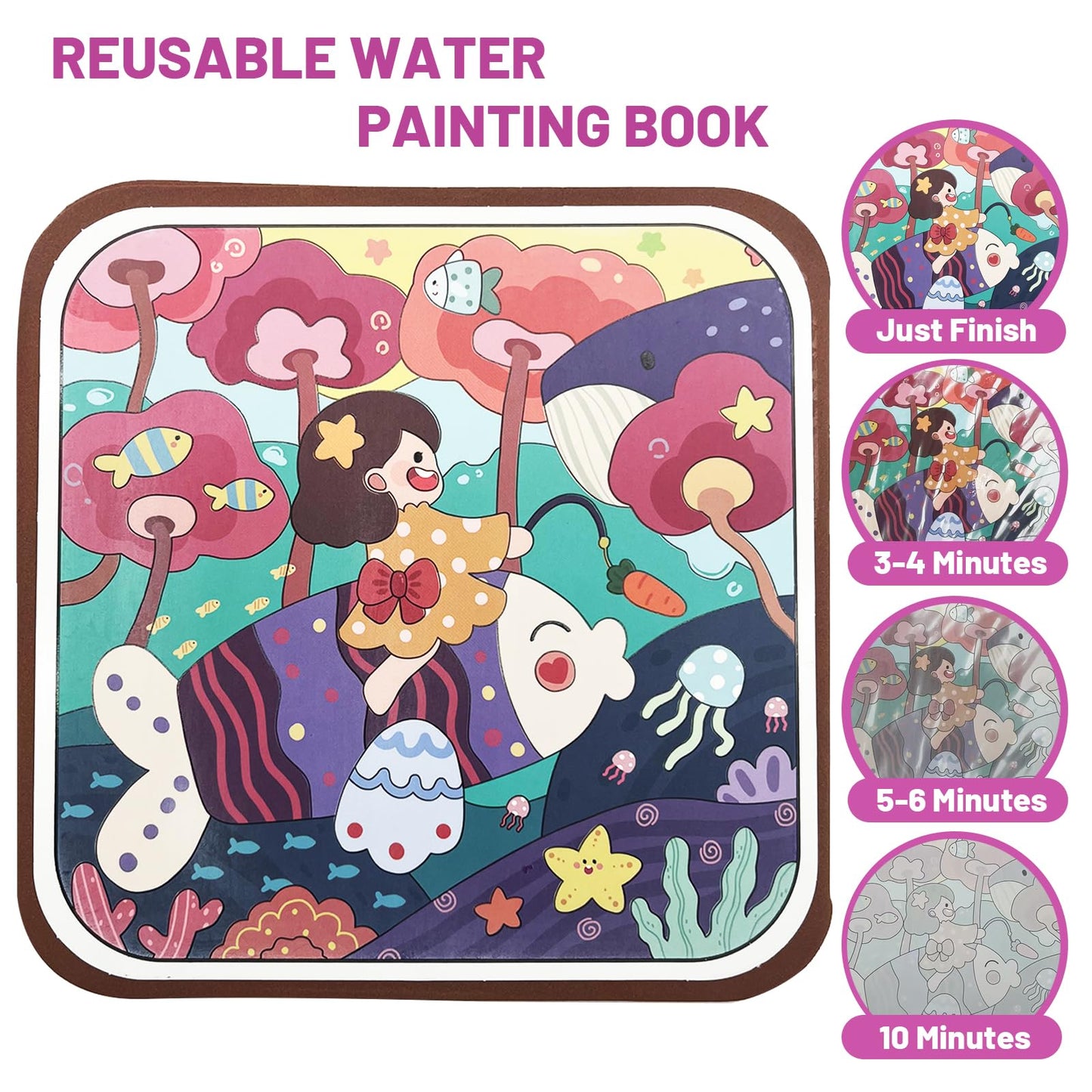 BlivEclat Water Coloring Book for Toddlers 1-3 - Mess Free Reusable Magic Reveal Montessori Painting Book with Water Pen - No Mess Paint with Water