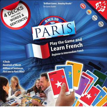 KLOO Learn French Board & Card Game Race to Paris | Fun for Family Kids Adults School | Play & Talk French Language | 4 Decks, Speak 100's of Words