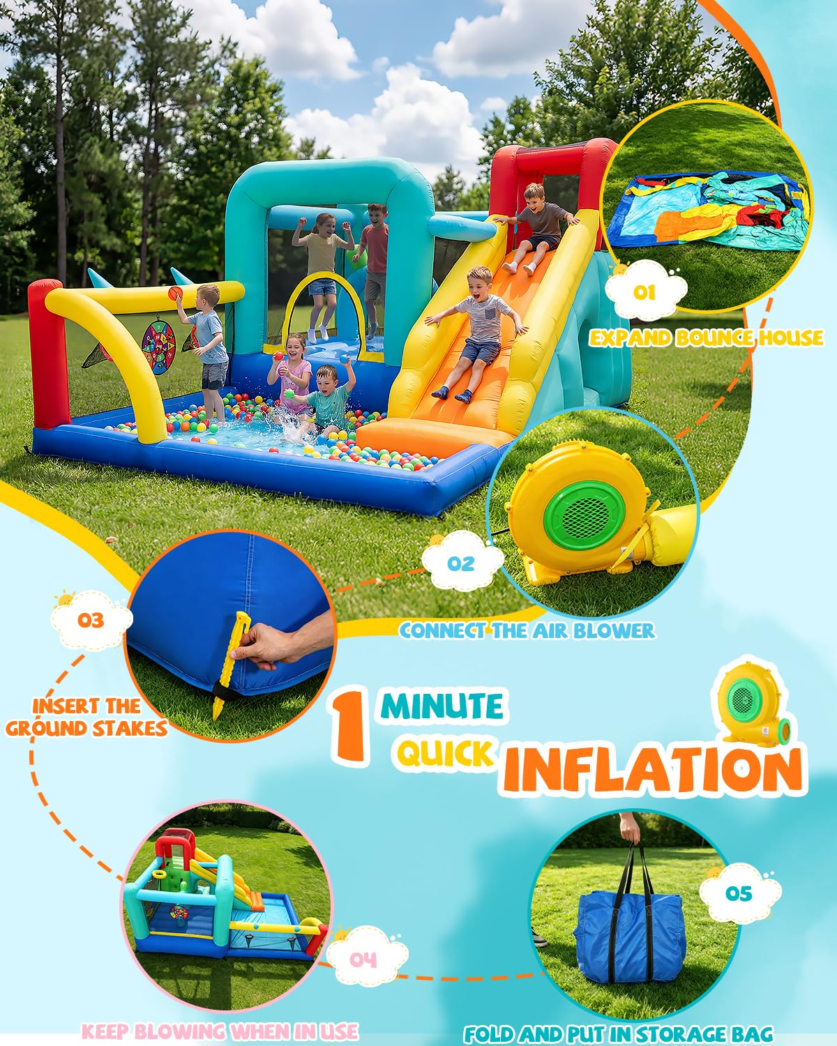 Whubefy Bounce House for Kid 3-6 8-12, 13Ft Bouncy Castle with Blower,12-in-1 Blow Up Jump House with Ball Pit, Target Game, Basketball Hoop