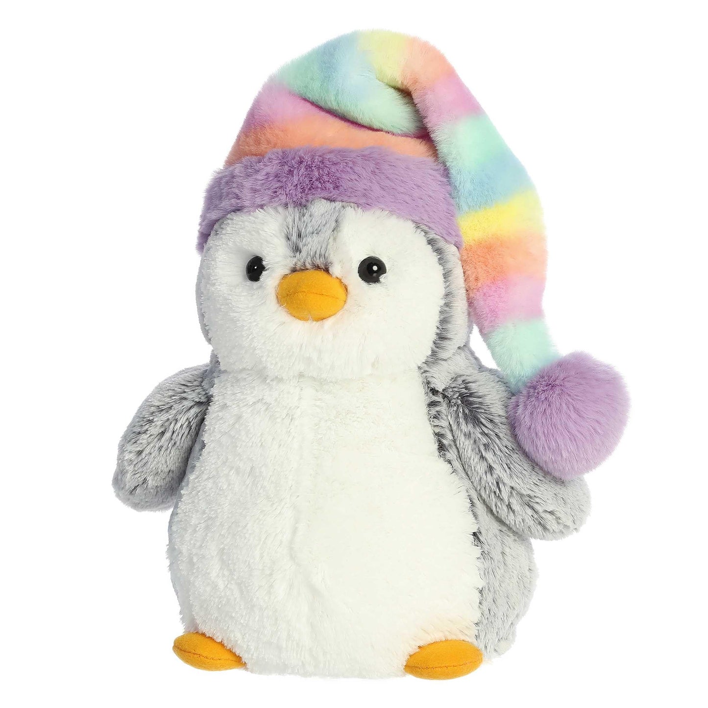 Aurora Festive Pompom Penguin Pom Pom Rainbow Hat Stuffed Animal - Vibrant Companions - Endless Fun - Gray 9 Inches