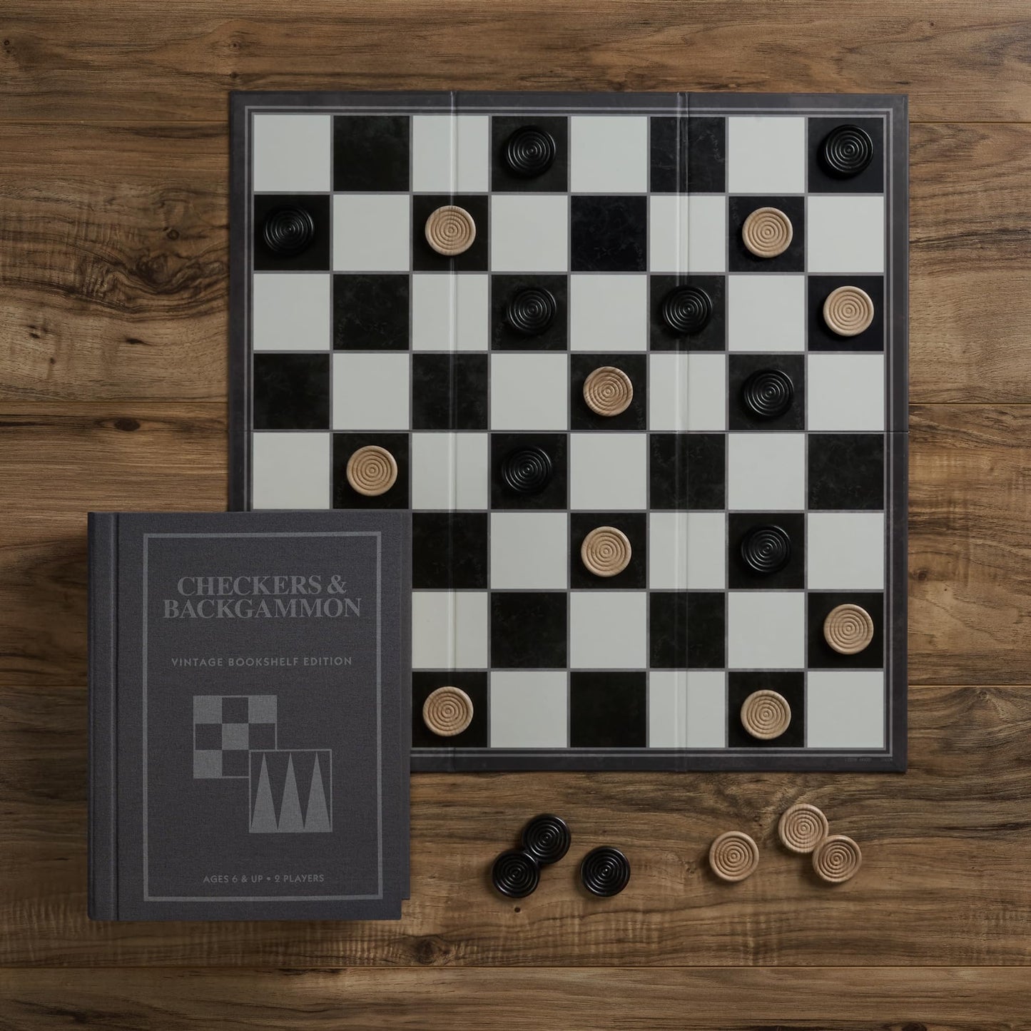 Checkers and Backgammon Vintage Bookshelf Edition by WS Game Company, Linen Wrapped Book Box & Slipcase - Reversible Board, Wooden Pieces - Checkers