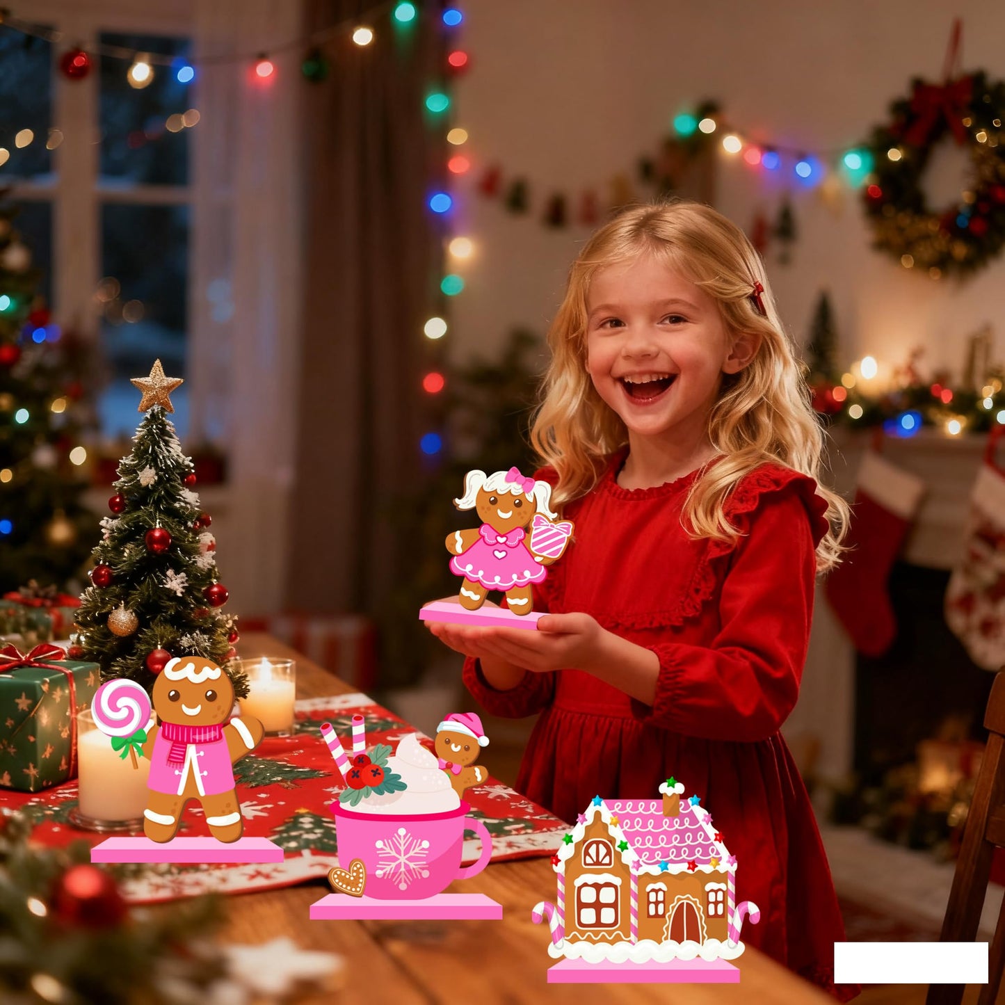 Gingerbread Man Decorations Wood Table Centerpiece Pink Christmas Table Decorations for Xmas Dinner Party Decor
