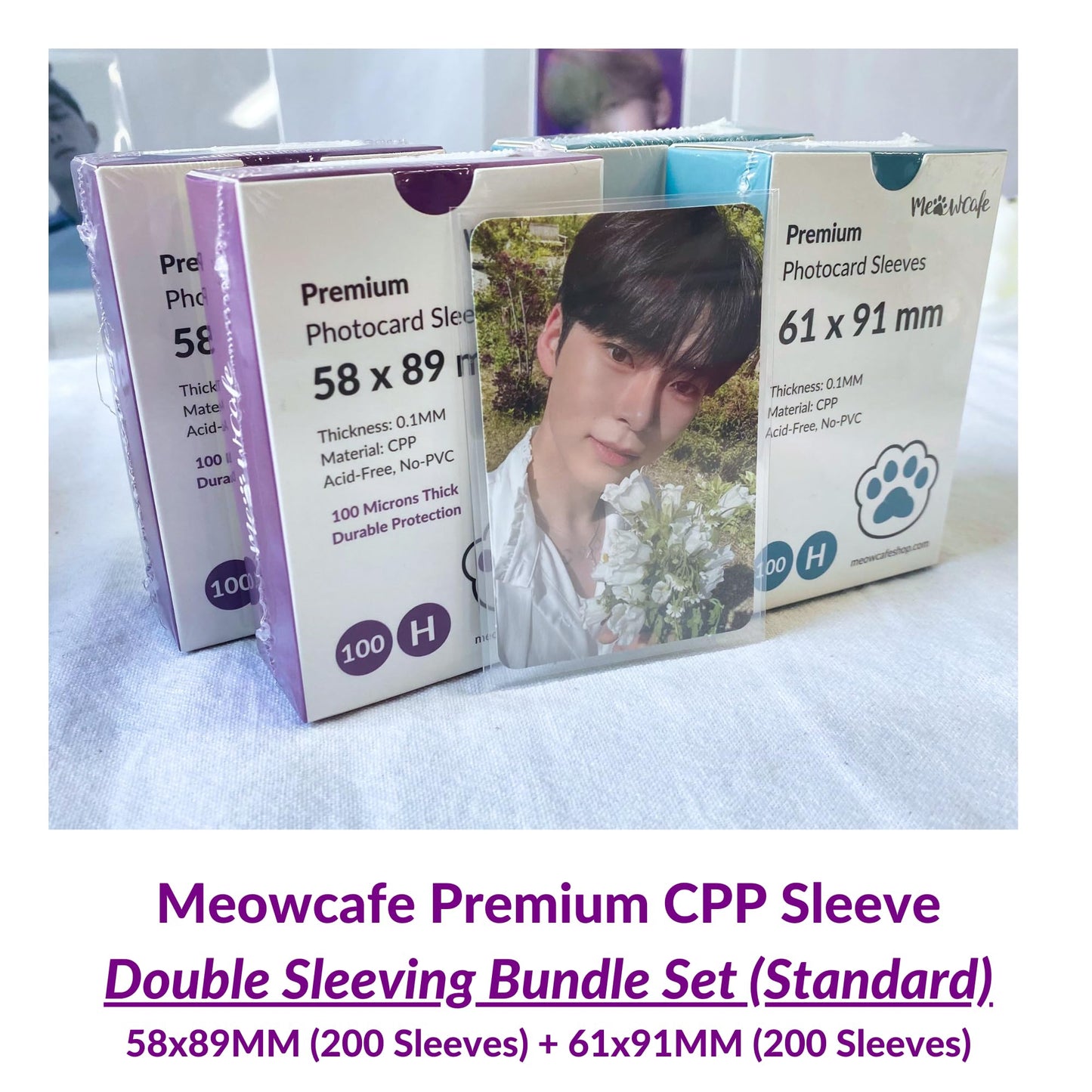 MEOWCAFE Premium Card Sleeves Double Set, 200 KPop Inner & Outer Sleeves, 400 Total