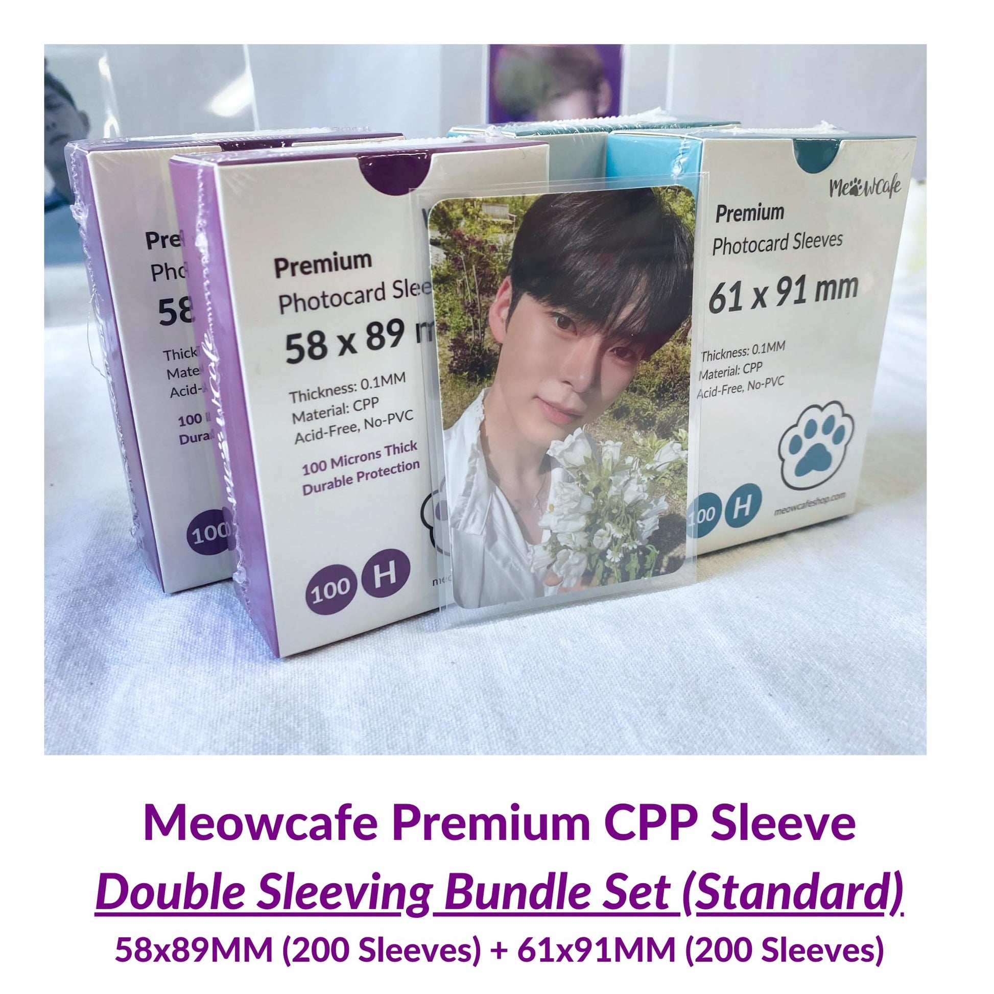 MEOWCAFE Premium Card Sleeves Double Set, 200 KPop Inner & Outer Sleeves, 400 Total