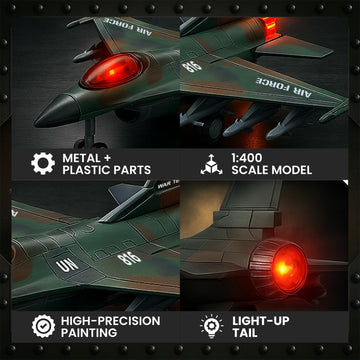 Diecast Fighter Jet Toy Military Falcon Replica Model - 1:400 Scale Airplane Pullback Metal Alloy Aircraft Vehicle with Flashing Lights and Sound