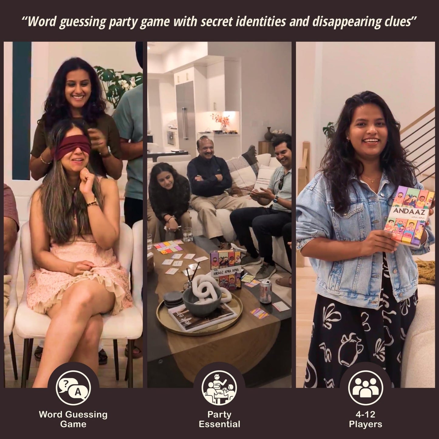 DESI BOARD GAMES Andaaz Apna Apna | Word Guessing Game with Secret Roles for Adults & Family | Like Charades or Taboo, But Smarter | 4-12 Players