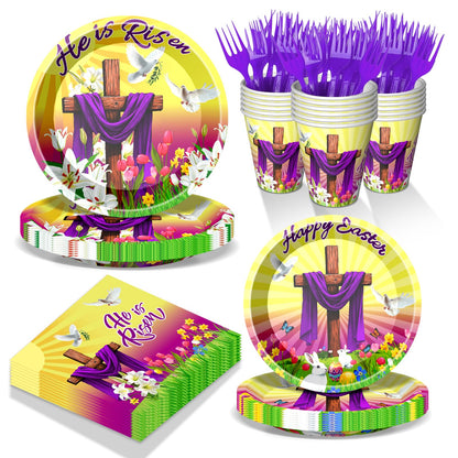 He is Risen Party Plates Supplies Tableware with Easter Jesus Paper Plates Napkins Cups Forks for Religion Christ Easter Party Decorations, Serves 24