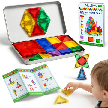 MAGLIVO Mini Magnetic Tiles Travel Set 40 Pcs, Our is W/1 Bigger Tile, Mini Magnetic Tiles with Case for Kids- Travel Magnetiles-Magnet Tiles Travel