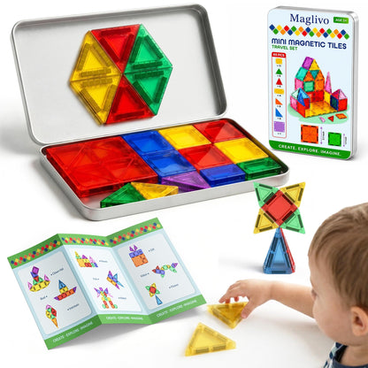 MAGLIVO Mini Magnetic Tiles Travel Set 40 Pcs, Our is W/1 Bigger Tile, Mini Magnetic Tiles with Case for Kids- Travel Magnetiles-Magnet Tiles Travel