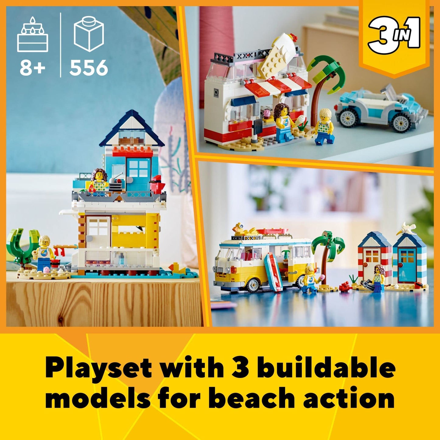 LEGO Creator 3 in 1 Beach Camper Van Building Kit, Transforms from a Campervan to Ice Cream Shop to House, Great Gift for Surfer Boys and Girls