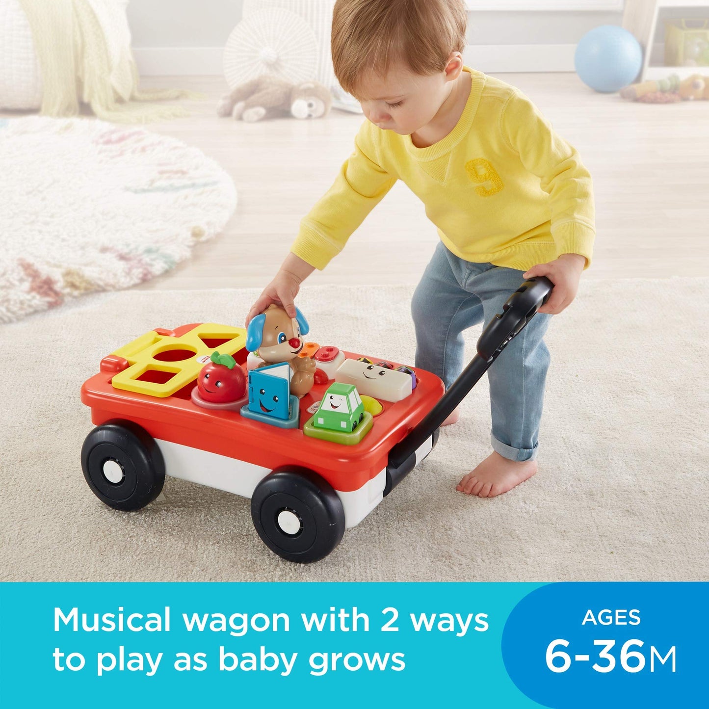 Fisher-Price Laugh & Learn Pull & Play Learning Wagon - German Edition, interactive toy wagon with shape blocks and learning content for baby