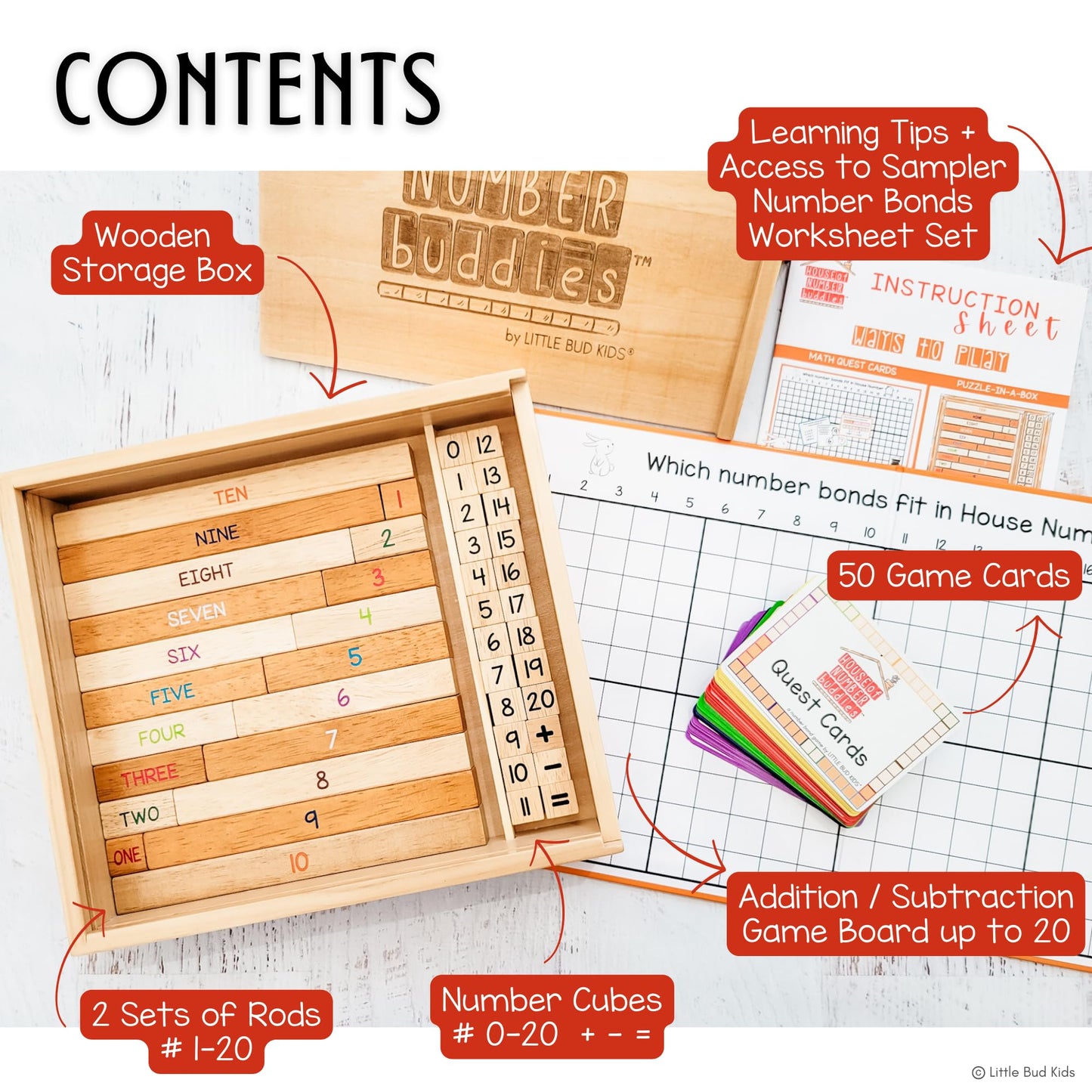 LITTLE BUD KIDS House of Number Buddies Math Game, a Number Bonds Math Toy with Counting Rods and Addition & Subtraction Flash Cards, a Montessori