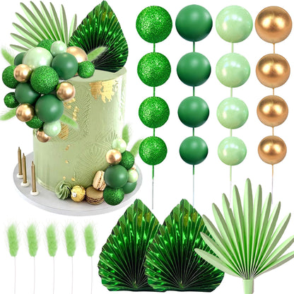38 PCS Balls Cake Toppers Palm Leaves Cake Decorations for Birthday Wedding Baby Shower Party Supplies (Green)