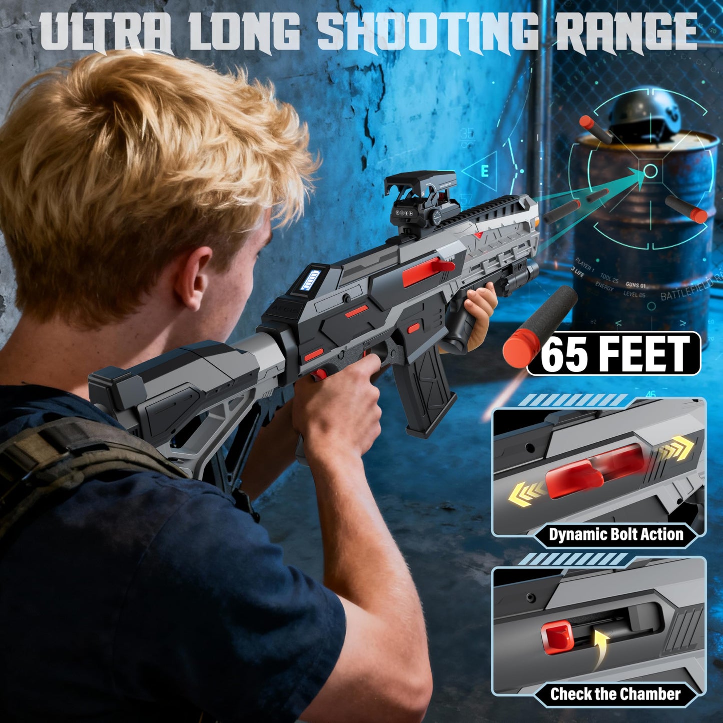 SOFITEN Automatic Toy Gun with Adjustable Scope, Electric Toy Sniper Rifle Foam Dart Blaster with Vest, Flashlight, Grip, Indoor Outdoor Shooting